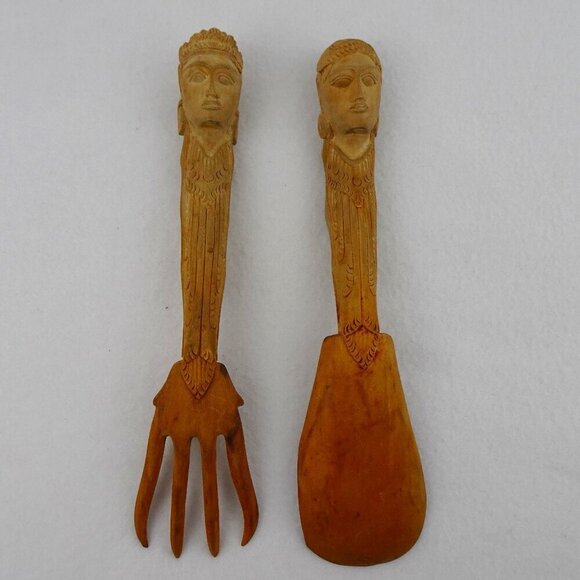 Carved Wood Salad Servers Set Kitchen Utensils Spoon & Fork Vintage - Picture 1 of 8